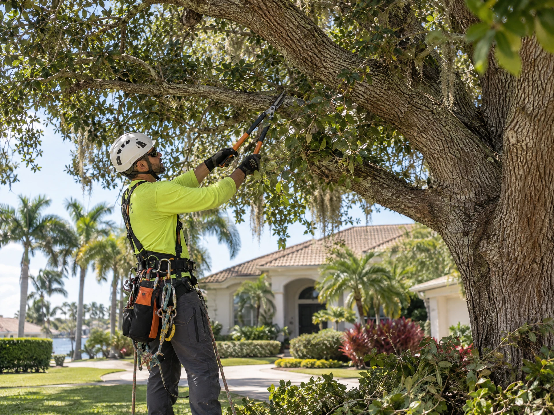An arborist carefully trimming a tree in a Florida yard